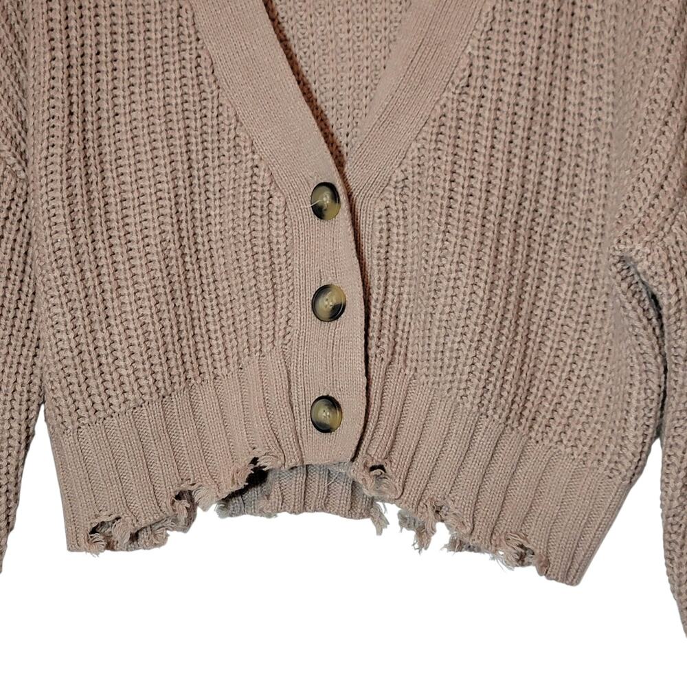 No Comment Tan Distressed Cardigan Sweater V Neck M Grunge Cozy Casual Layering - Picture 4 of 10